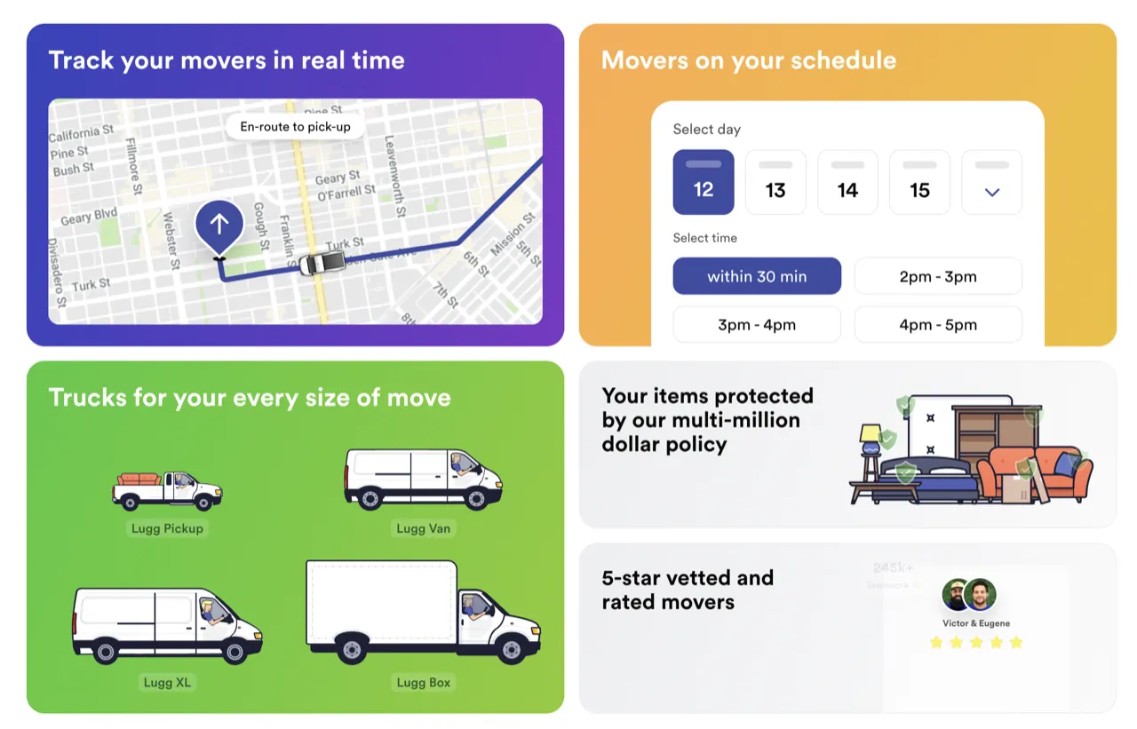 Lugg service page header generated per service and city: real-time tracking, scheduling, truck sizes and insurance panels
