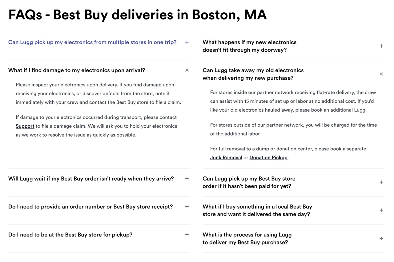 FAQ block for Best Buy deliveries in Boston generated from shared FAQ categories