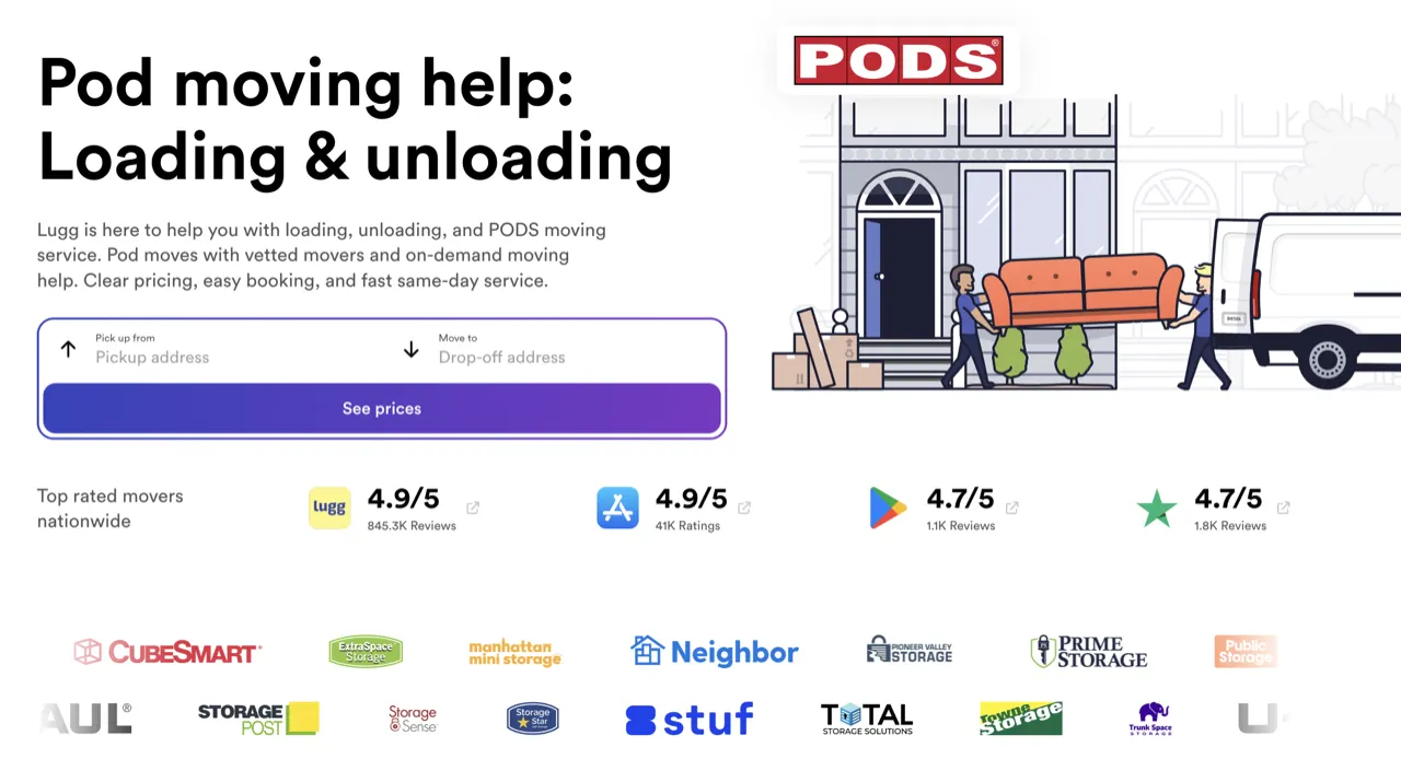 PODS moving help landing page with a row of storage company logos