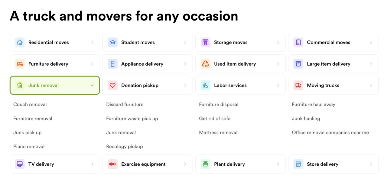 Service category accordion: a truck and movers for any occasion, with junk removal expanded into related services